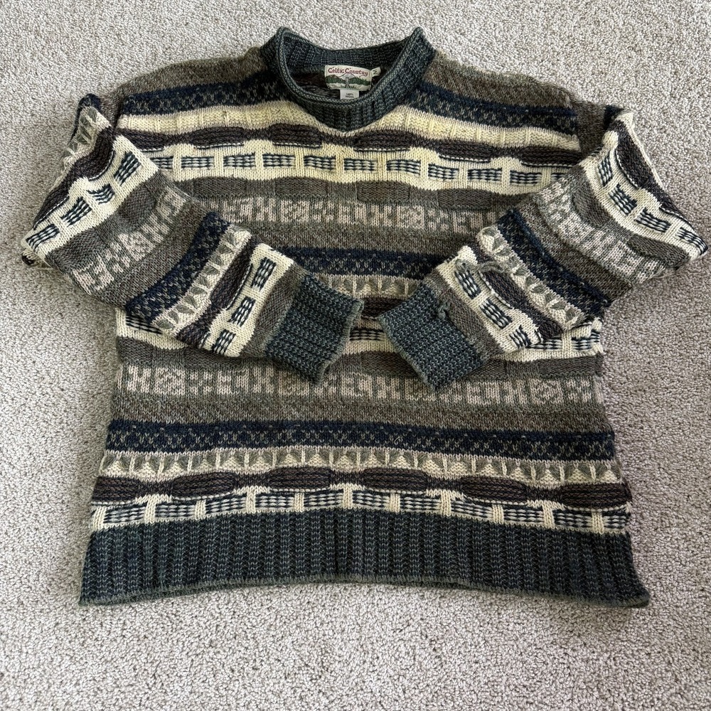 Celtic Country Sweater Mens Medium Green Chunky Knit Crewneck Pullover Wool